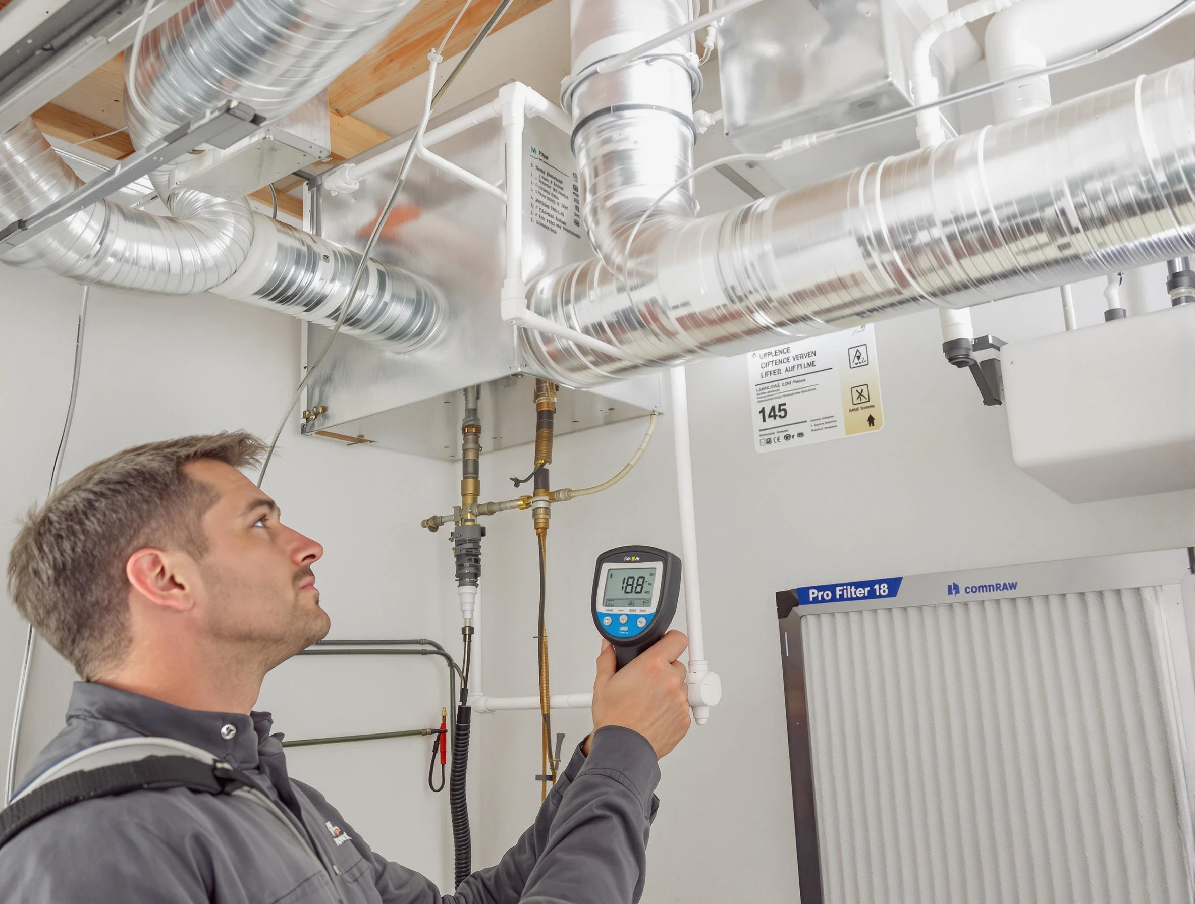Irvine Air Duct Cleaning expert conducting detailed filter system inspection using diagnostic tools in Irvine